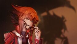  1boy absurdres aoiedogawa black_shirt brown_hair commentary_request different_shadow duel_monster glasses green_eyes heterochromia highres holding holding_removed_eyewear jacket male_focus medium_hair orange_eyes red_jacket shirt solo unworn_eyewear upper_body yu-gi-oh! yu-gi-oh!_gx yubel yuki_judai 