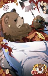  2boys 2girls absurdres animal_ears anton_ivanov artist_request bear_boy bear_ears ben_bigger birthday_cake brown_fur cake calculator camera chibi chinese_commentary claws closed_mouth commentary_request dated food grace_howard happy_birthday highres holding holding_removed_eyewear koleda_belobog multiple_boys multiple_girls official_art one_eye_closed red_shirt shirt smile speech_bubble spoken_sweatdrop suit sunglasses sweatdrop unworn_eyewear white_suit zenless_zone_zero 