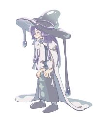 1boy :d ^_^ absurdres black_dress black_hat black_shoes blue_gem blunt_bangs blunt_ends brooch cape closed_eyes commentary cookie_run cookie_run:_kingdom crossdressing crossdressing_(mtf) dress facing_ahead full_body fur-trimmed_cape fur_trim gem hair_over_one_eye hands_on_own_knees hat highres humanization jewelry large_hat light_blush long_dress long_hair long_sleeves male_focus one_eye_covered open_mouth prune_juice_cookie puffy_long_sleeves puffy_sleeves purple_hair purple_hat rude_rudy shoes simple_background smile solo standing symbol-only_commentary trap very_long_hair white_background white_cape white_sleeves witch_hat