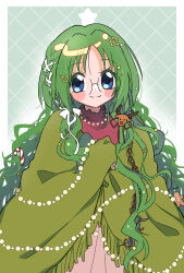  1girl alternate_costume blue_eyes blush border candy candy_cane christmas commentary_request food fringe_trim gingerbread_man glasses green_background green_hair green_poncho highres hs1122 long_hair looking_at_viewer midorikawa_lettuce red_sweater round_eyewear smile solo sweater tokyo_mew_mew upper_body very_long_hair white_border 