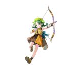 1girl aged_down aiming bandana black_gloves bow_(weapon) braid brown_footwear fingerless_gloves fire_emblem fire_emblem:_the_blazing_blade fire_emblem_heroes gloves green_eyes official_alternate_costume official_art pleated_skirt quiver rebecca_(fire_emblem) skirt smile solo twintails v-shaped_eyebrows weapon white_background yellow_bandana
