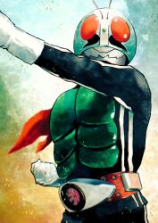  1boy antennae armor belt character_request check_character clenched_hand commentary_request compound_eyes gloves green_armor kamen_rider kamen_rider_(1st_series) kamen_rider_2 kouta_decade long_sleeves male_focus outstretched_arm red_belt red_eyes red_scarf scarf solo tokusatsu upper_body white_gloves 