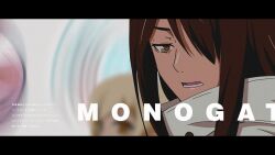  1boy 1girl araragi_koyomi black_border black_hair blonde_hair blurry blurry_background border brown_eyes copyright_name english_text film_grain foreground_text from_side hair_between_eyes hair_over_one_eye height_difference high_collar jacket jitome letterboxed long_hair looking_at_another looking_at_viewer lower_teeth_only monogatari_(series) open_mouth orange_eyes oshino_shinobu portrait sidelocks solo_focus sonikkusupin teeth white_background white_jacket 