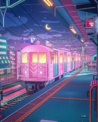  bench blue_sky city clouds cloudy_sky commentary crescent_moon dm_arts english_commentary highres lamp moon night night_sky no_humans original outdoors overhead_line railing sky star_(sky) subway subway_station tactile_paving traffic_light 