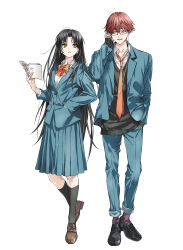  1boy 1girl absurdres anime_coloring black_cardigan black_hair black_shoes black_socks blazer blue_jacket blue_pants blue_skirt book boukyaku_battery bow bowtie brown_shoes cable_divider cardigan chihaya_shunpei collared_shirt curtained_hair earphones earphones fangs full_body hair_between_eyes hair_intakes hand_in_pocket hand_on_own_ear heel_up highres holding holding_book jacket kneehighs loafers long_hair long_sleeves looking_at_another looking_to_the_side medium_skirt necktie nishita oc_x_canon open_book open_clothes open_collar open_jacket open_mouth original pants parted_lips pleated_skirt purple_socks red-framed_eyewear red_bow red_bowtie red_eyes red_hair red_necktie school_uniform shirt shoes short_hair skirt sleeves_past_wrists smile socks standing straight_hair very_long_hair white_background white_shirt yellow_eyes 