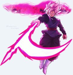  1boy absurdres black_shirt dougi dragon_ball dragon_ball_super earrings energy_blade full_body goku_black grey_tunic highres holding holding_scythe jewelry komesan_0212 male_focus medium_hair pink_hair potara_earrings red_sash sash scythe shirt simple_background single_earring solo spiky_hair super_saiyan super_saiyan_rose tunic white_background 