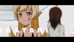 1boy 1girl ahoge araragi_koyomi arms_at_sides black_border black_dress black_hair blonde_hair blood_on_cheek blurry blurry_background body_blush border closed_mouth collarbone copyright_name dress english_text film_grain flat_chest foreground_text from_behind hair_between_eyes hair_flaps halterneck jacket jitome letterboxed light_blush light_frown long_hair looking_ahead looking_at_viewer monogatari_(series) orange_eyes oshino_shinobu pointy_ears portrait ringed_eyes shoulder_blush sidelocks solo_focus sonikkusupin very_long_hair white_background white_jacket 