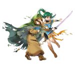  1boy 1girl aged_down book brown_footwear cloak covering_face damaged fire fire_emblem fire_emblem:_the_blazing_blade fire_emblem_heroes green_eyes green_hair green_hood holding holding_book holding_sword holding_weapon hood hooded_cloak jewelry long_hair lyn_(fire_emblem) mark_(fire_emblem:_the_blazing_blade) necklace no_eyes pelvic_curtain ponytail sword torn_cloak torn_clothes weapon white_background 