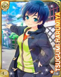  1girl black_coat black_pants blue_eyes blue_hair breasts card_(medium) character_name coat duffel_coat girlfriend_(kari) green_jacket hand_in_pocket harumiya_tsugumi jacket large_breasts looking_at_viewer official_art open_clothes open_coat orange_shirt pants pointing qp:flapper shirt short_hair smile solo standing temple 