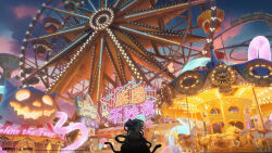 1boy 4girls absurdres amusement_park blue_hair blue_sky carousel chinese_text copyright_name copyright_notice cuibin_(xinyue_tongxing) double_bun evening facing_away ferris_wheel from_behind hair_bun highres logo multiple_girls neon_lights official_art official_wallpaper outdoors people roller_coaster scenery sky solo_focus wide_shot xinyue_tongxing 