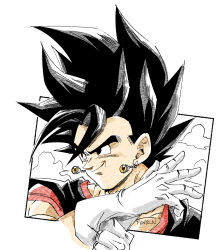  1boy black_hair black_shirt dougi dragon_ball dragon_ball_z earrings fenyon highres jewelry limited_palette male_focus muscular muscular_male orange_shirt potara_earrings shirt smirk solo spiky_hair upper_body vegetto 