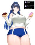  1girl blue_eyes blue_hair breasts dasdokter doughnut food highres hololive hololive_english large_breasts long_hair long_sleeves midriff ouro_kronii short_shorts shorts solo turtleneck twitter virtual_youtuber 