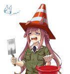  &gt;_&lt; 2girls absurdres animal_ears brown_hair bucket english_text hair_between_eyes hair_ornament hair_rings highres horse_ears long_hair mad_mark military military_uniform multiple_girls necktie open_mouth parody shaded_face simple_background sweep_tosho_(umamusume) traffic_cone twintails umamusume uniform violet_eyes white_background 