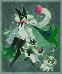  2others animal_hands black_fur body_fur border cat claws evolutionary_line fangs floragato full_body furry green_background green_border green_fur green_hair half-closed_eyes highres looking_at_viewer meowscarada mr_h202 multiple_others open_mouth pawpads pink_eyes pokemon pokemon_(creature) short_hair short_tail simple_background sprigatito standing tail two-tone_fur yo-yo 