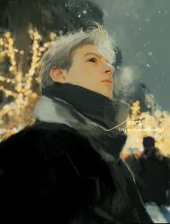  1boy black_coat black_sclera breath building christmas_lights closed_mouth coat colored_sclera commentary contemporary grey_hair grey_scarf highres jojo_no_kimyou_na_bouken jomijjd looking_up male_focus outdoors people red_eyes risotto_nero scarf short_hair sky snowing solo symbol-only_commentary tree upper_body vento_aureo 