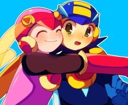  1boy 1girl black_bodysuit blue_background blue_bodysuit blue_gloves blue_hair blue_helmet blush bodysuit closed_eyes closed_mouth commentary_request elbow_gloves gloves green_eyes helmet hug leotard long_hair looking_at_viewer mega_man_(series) mega_man_battle_network_(series) megaman.exe open_mouth pink_helmet pink_leotard red_gloves ritomasu_(crsk4373) roll.exe_(mega_man) spiky_hair very_long_hair 