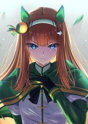  1girl absurdres animal_ears arugou black_gloves blue_eyes blunt_bangs bow capelet closed_mouth ear_covers gloves green_capelet green_sleeves hairband highres hime_cut horse_ears horse_girl long_hair long_sleeves looking_at_viewer orange_hair shirt silence_suzuka_(innocent_silence)_(umamusume) silence_suzuka_(umamusume) solo umamusume upper_body white_hairband white_shirt 