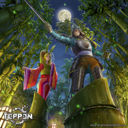  1boy 1girl alien aqua_shirt armor bamboo bamboo_forest bloom breastplate brown_eyes brown_gloves capcom character_request clenched_hand copyright_logo copyright_name copyright_notice copyright_request forest from_below full_moon gauntlets gloves green_eyes green_hair hand_up helmet highres hip_armor holding holding_sword holding_weapon japanese_clothes kimono lantern leg_armor light_particles logo long_sleeves looking_ahead looking_at_viewer moon multicolored_kimono nature night night_sky nose official_art outdoors paper_lantern parted_bangs parted_lips plant_clothing red_kimono samurai shirt space_helmet sword teppen weapon wide_sleeves yu_cheng_hong 