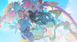 1girl absurdres aqua_eyes black_hair blue_sky chinese_commentary clouds commentary_request commission floating_hair hair_ornament highres kite long_hair long_sleeves looking_at_viewer original robe sky solo very_long_hair watermark white_robe wide_sleeves xixun 