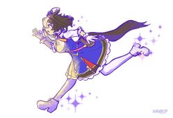  1girl ahoge animal_ears bag between_breasts blue_dress breasts brown_hair dress ear_ribbon from_side full_body gloves hair_between_eyes hairband headband highres horse_ears horse_girl horse_tail long_sleeves meisho_doto_(turbulent_blue)_(umamusume) meisho_doto_(umamusume) multicolored_hair pantyhose pink_hairband pink_headband running shirt shoes shoulder_bag solo sparkle strap_between_breasts tail two-tone_hair umamusume violet_eyes white_background white_gloves white_hair white_pantyhose white_shirt zenko404 