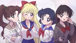  4girls aino_minako bishoujo_senshi_sailor_moon black_hair blonde_hair blue_eyes blue_hair blue_sailor_collar blue_sky blush bow bowtie breasts brown_hair brown_sailor_collar buttons closed_mouth commentary crossed_arms double-breasted earrings flower_earrings green_eyes grey_eyes grey_sailor_collar grey_shirt grey_skirt hair_bobbles hair_bow hair_ornament half_updo hand_in_own_hair hand_on_own_cheek hand_on_own_face hand_on_own_hip hino_rei jewelry kino_makoto long_hair medium_breasts mizuno_ami multiple_girls neckerchief one_eye_closed open_mouth parted_bangs ponytail red_bow red_bowtie red_neckerchief sailor_collar school_uniform serafuku shirt short_hair sidelocks skirt sky smile stud_earrings symbol-only_commentary white_shirt yyemoyy 