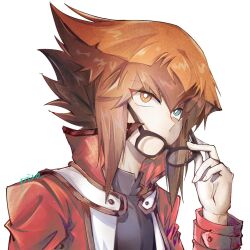  1boy aoiedogawa black_shirt brown_hair commentary_request glasses green_eyes heterochromia highres holding holding_removed_eyewear jacket male_focus medium_hair orange_eyes red_jacket shirt solo unworn_eyewear upper_body yu-gi-oh! yu-gi-oh!_gx yuki_judai 