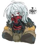  1other androgynous animal_on_head animification apex_legends bird bird_on_head bloodhound_(apex_legends) brown_jacket cable chibi chibi_inset clenched_hands facepaint fur-trimmed_jacket fur_trim goggles grey_hair highres jacket kzk_wanko medium_hair on_head portrait rebreather red_eyes sketch solo_focus white_background 
