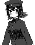  1girl akitsu_maru_(kancolle) blush breasts commentary_request gakuran greyscale hat highres kantai_collection long_sleeves medium_breasts military military_hat military_uniform monochrome peaked_cap school_uniform shirasumato short_hair simple_background solo uniform upper_body white_background 