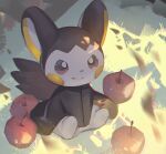  apple emolga food fruit highres looking_at_viewer no_humans pokemon pokemon_(creature) red_apple sitting solo zhutangyuan 