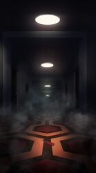  carpet ceiling_light dark door dropped_object fog hallway highres hotel indoors key no_humans scenery shadow the_shining yu02257951 