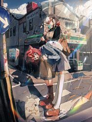  2girls bag bent_over blue_eyes blue_sky boots clouds cloudy_sky coca-cola commentary convenience_store dress food grey_eyes hair_bun hair_ornament highres holding holding_food holding_popsicle holding_umbrella jojidoboro long_sleeves looking_at_viewer multiple_girls open_mouth original outdoors popsicle poster_(medium) poster_(object) red_boots red_hair road school_bag shadow shop short_hair shoulder_bag sky standing street swept_bangs symbol-only_commentary thigh-highs umbrella white_bag white_thighhighs 