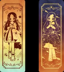  1girl ankle_cuffs bare_shoulders bracelet closed_mouth commentary dress fish flower full_body gakuen_idolmaster highres holding idolmaster jewelry kuramoto_china looking_at_viewer multiple_views nama_udon necklace off-shoulder_dress off_shoulder own_hands_together parted_bangs parted_lips smile standing 