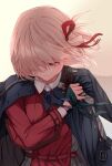  1girl blonde_hair blood blood_on_clothes blood_stain futaba_(rei-futaba) hair_over_one_eye hair_ribbon highres jacket jacket_on_shoulders lycoris_recoil lycoris_uniform medium_hair nishikigi_chisato orange_eyes ribbon sad solo 