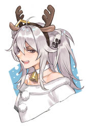 1girl ahoge animal_ear_hairband animal_ears antlers bare_shoulders bell bell_choker bell_collar blue_background cat_ears choker collarbone commentary_request cropped_torso deer_antlers deer_ears double-parted_bangs earrings fang from_side fur_trim grey_eyes grey_hair hair_between_eyes hair_intakes hairband hairclip half-closed_eyes hankuri hololive horns medium_hair narrowed_eyes open_mouth pom_pom_(clothes) pom_poms ponytail profile reindeer_antlers reindeer_ears reindeer_girl shishiro_botan simple_background snow teeth tongue two-tone_background v-shaped_eyebrows white_background white_choker