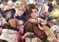  2boys animal animal_ears antlers bell black_fur blonde_hair blue_eyes blue_scarf bow box brown_gloves capelet cat christmas christmas_tree claude_von_riegan claude_von_riegan_(yuletide_schemer) closed_mouth commentary_request deer_boy deer_ears dimitri_alexandre_blaiddyd dimitri_alexandre_blaiddyd_(blessed_protector) dog fire_emblem fire_emblem:_three_houses fire_emblem_heroes fur-trimmed_collar fur_capelet fur_trim gift gift_box gloves green_eyes hair_between_eyes holding holding_gift horns looking_to_the_side male_focus multicolored_bow multiple_boys neck_bell official_alternate_costume parted_hair ribbon saku_(soreca49) scarf sideways_glance smile star_(symbol) white_fur 