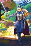  1girl animated animated_gif apo_(rairaru20001) armor blonde_hair blue_eyes breasts day holding holding_shield holding_sword holding_weapon knight long_hair looking_away medium_breasts open_mouth original outdoors pixel_art shield smile solo sword tree weapon 