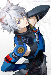  1boy absurdres animal_ears arm_behind_head armpits belt cat_boy cat_ears eggpongg gloves hair_between_eyes hand_on_own_hip highres looking_at_viewer looking_up open_mouth pants police police_uniform seth_lowell sleeveless sleeveless_turtleneck solo tail turtleneck violet_eyes white_hair 