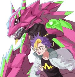  1girl armalizamon armor black_shirt blonde_hair blue_eyes clenched_hand collarbone digimon digimon_(creature) digimon_beatbreak glasses jacket lizard mole mole_under_eye open_clothes open_jacket open_mouth pink_armor risyo round_eyewear sharp_teeth shirt simple_background sketch teeth tenma_tomoro upper_body violet_eyes white_background white_jacket 
