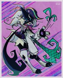  1other :d alternate_color ascot black_fur black_gloves body_fur border brooch clothed_pokemon fang fingerless_gloves full_body furry gloves green_fur green_hair half-closed_eyes highres jewelry looking_at_viewer meowscarada mr_h202 open_mouth other_focus pawpads pokemon pokemon_(creature) purple_background purple_shirt shiny_pokemon shirt short_tail simple_background smile solo standing tail two-tone_fur violet_eyes white_ascot white_border white_sleeves 