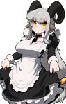  1girl absurdres apron breasts closed_mouth clothes_lift dress dress_lift goat_girl goat_horns grey_hair highres horizontal_pupils horns large_breasts lifted_by_self long_hair long_sleeves looking_at_viewer maid maid_apron min_lona necktie original pointy_ears solo yellow_eyes 