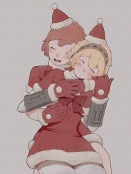  2girls absurdres aigis_(persona) android blonde_hair blush bow bowtie brown_hair christmas closed_eyes closed_mouth cowboy_shot dress fur-trimmed_dress fur-trimmed_gloves fur-trimmed_headwear fur_trim gloves gold_hairband grey_background hairband happy hat highres hug hug_from_behind multiple_girls open_mouth persona persona_3 persona_3_portable pom_pom_(clothes) red_bow red_bowtie red_dress red_gloves red_hat robot_ears santa_hat shiomi_kotone short_hair short_sleeves simple_background sitting sitting_on_lap sitting_on_person smile tbjj1208 yuri 