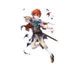  1boy aged_down blue_eyes brown_footwear capelet clenched_teeth damaged eliwood_(fire_emblem) fire_emblem fire_emblem:_the_blazing_blade fire_emblem_heroes holding holding_sword holding_weapon neck_ribbon official_alternate_costume official_art one_eye_closed red_capelet red_ribbon redhead ribbon sheath solo sword teeth torn_clothes v-shaped_eyebrows weapon 
