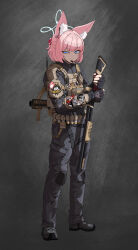  1girl 40mm_grenade absurdres animal_ear_fluff animal_ears black_boots black_gloves black_suit blue_archive blue_eyes blue_halo boots bulletproof_vest commentary_request dog_tags earphones_on_animal_ears eotech fingerless_gloves fox_ears fox_girl fox_platoon_(blue_archive) full_body furrowed_brow gloves grenade_launcher gun halo handle headphones highres holding holding_gun holding_weapon looking_at_viewer microphone military military_combat_uniform military_uniform milkor_mgl mossberg_590 niko_(blue_archive) odi original pink_hair radio_antenna scissors short_hair shotgun solo solo_focus suit tactical_clothes tactical_gloves tail variant_set weapon 