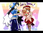  1boy 1girl animal_ears blue_eyes blue_headwear brown_hair furry furry_female furry_male gloves kaze_no_klonoa klonoa lolo_(klonoa) looking_at_viewer makino_sora monkey_ears monkey_tail pac-man red_headwear red_skirt skirt tail yellow_eyes yellow_gloves 