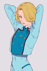  1girl blonde_hair blue_jacket commentary_request eyebrows_hidden_by_hair gloves green_eyes gundam gundam_hathaway's_flash hair_over_one_eye highres jacket kaburagi_yuki lips looking_at_viewer mace_flower mole mole_under_mouth one_eye_covered short_hair solo upper_body white_gloves yellow_eyes 