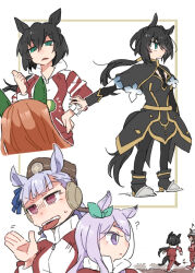  5girls ? ^^^ animal_ears beanie beer_hsk black_boots black_capelet black_dress black_hair black_pantyhose boots brown_hair brown_hat capelet dress ear_covers ear_ribbon ears_through_headwear gold_ship_(umamusume) green_eyes green_ribbon grey_hair grey_hat hair_between_eyes hand_on_own_hip hat high_heels highres horse_ears horse_girl horse_tail jacket kin'iro_ryotei_(umamusume) long_hair long_sleeves low_ponytail mejiro_mcqueen_(umamusume) mini_hat multiple_girls nakayama_festa_(umamusume) orange_hair pantyhose parted_lips pointing ponytail purple_hair red_eyes red_jacket ribbon silence_suzuka_(umamusume) tail tongue tongue_out track_jacket umamusume very_long_hair violet_eyes white_background 