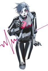  1girl belt black_gloves black_jacket black_lips black_nails black_pants black_shirt closed_mouth colored_skin cup dc_comics disposable_cup drink drinking_straw eyeliner fingerless_gloves flatline_(dc) gloves grey_skin holding holding_cup jacket lipstick makeup nail_polish pants pink_eyeliner pink_eyes punk qoenqq shirt short_hair simple_background solo spiky_hair third-party_source white_background 