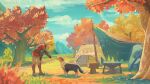  absurdres autumn_leaves campfire clouds dog highres hylian_set_(zelda) light_brown_hair link nature scenery sky sword sword_on_back tent the_legend_of_zelda the_legend_of_zelda:_breath_of_the_wild tree weapon weapon_on_back wide_shot x.x.d.x.c 