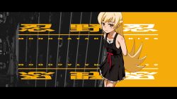  1girl arms_behind_back bare_arms bare_legs black_border black_dress blonde_hair border bow center_frills closed_mouth collarbone copyright_name cowboy_shot dress dress_bow expressionless flat_chest flipped_hair frills hair_between_eyes hair_flaps knee_blush letterboxed light_blush long_hair looking_ahead monogatari_(series) oshino_shinobu petticoat pointy_ears red_bow ringed_eyes shoulder_blush sidelocks solo sonikkusupin sundress very_long_hair yellow_background yellow_eyes 