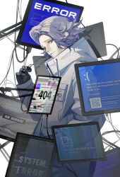  1boy 404 aotsuki_eito black_gloves blue_screen_of_death breast_pocket cable commentary error_message from_side gloves grey_hair hand_in_pocket highres holding holding_removed_eyewear http_status_code jacket looking_at_viewer male_focus monitor pocket shiosakana short_hair solo sunglasses the_hundred_line_-last_defense_academy- unworn_eyewear violet_eyes white_background white_jacket 